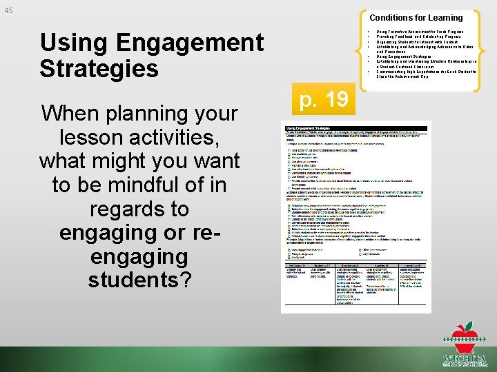 45 Conditions for Learning Using Engagement Strategies When planning your lesson activities, what might