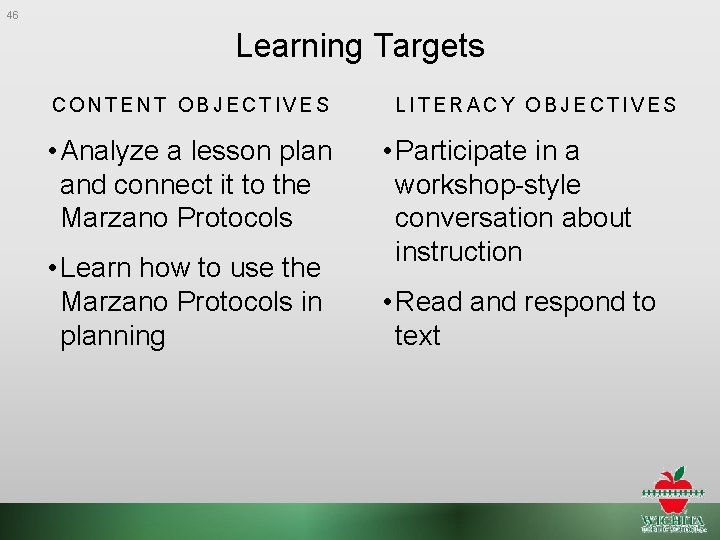 46 Learning Targets CONTENT OBJECTIVES • Analyze a lesson plan and connect it to