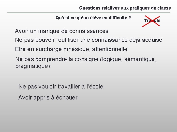 Questions relatives aux pratiques de classe Qu’est ce qu’un élève en difficulté ? Trouble