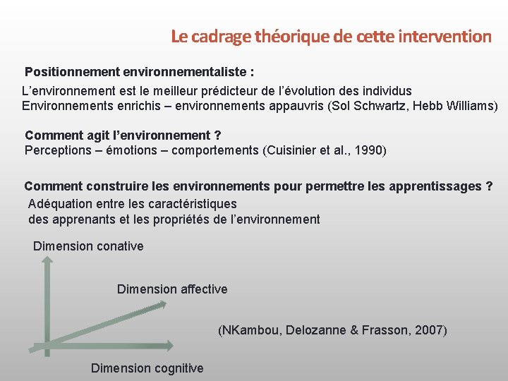 Le cadrage théorique de cette intervention Positionnement environnementaliste : L’environnement est le meilleur prédicteur