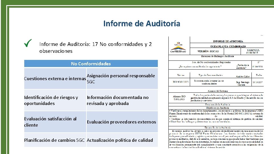 Informe de Auditoría: 17 No conformidades y 2 observaciones No Conformidades Cuestiones externa e