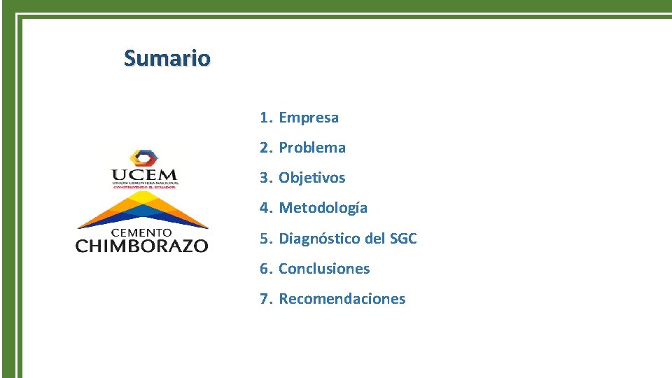 Sumario 1. Empresa 2. Problema 3. Objetivos 4. Metodología 5. Diagnóstico del SGC 6.