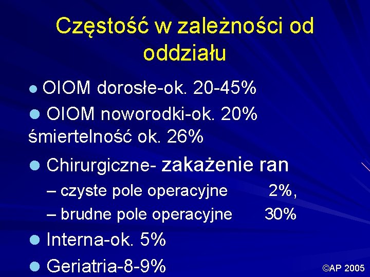 Częstość w zależności od oddziału l OIOM dorosłe-ok. 20 -45% l OIOM noworodki-ok. 20%