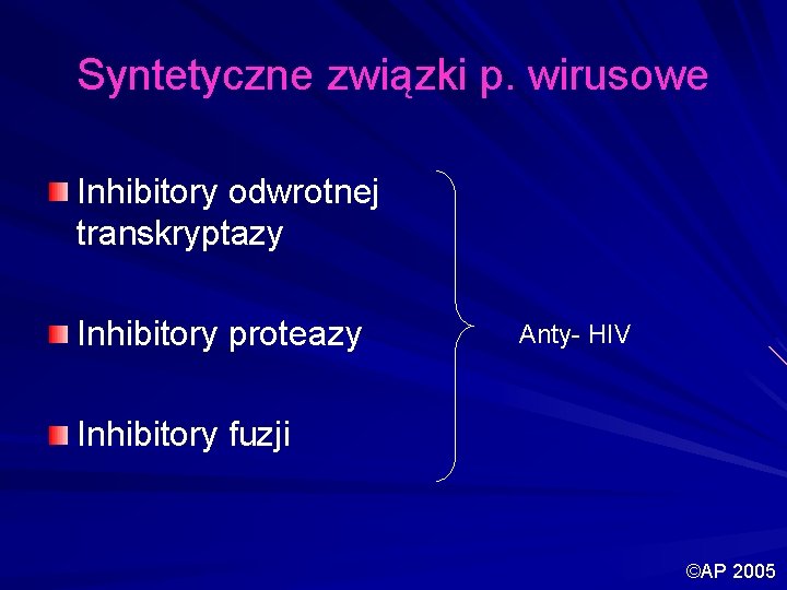 Syntetyczne związki p. wirusowe Inhibitory odwrotnej transkryptazy Inhibitory proteazy Anty- HIV Inhibitory fuzji ©AP