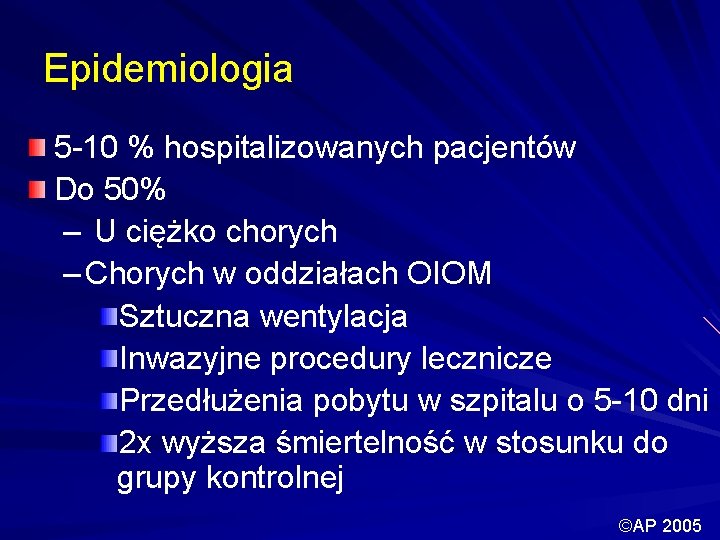 Epidemiologia 5 -10 % hospitalizowanych pacjentów Do 50% – U ciężko chorych – Chorych