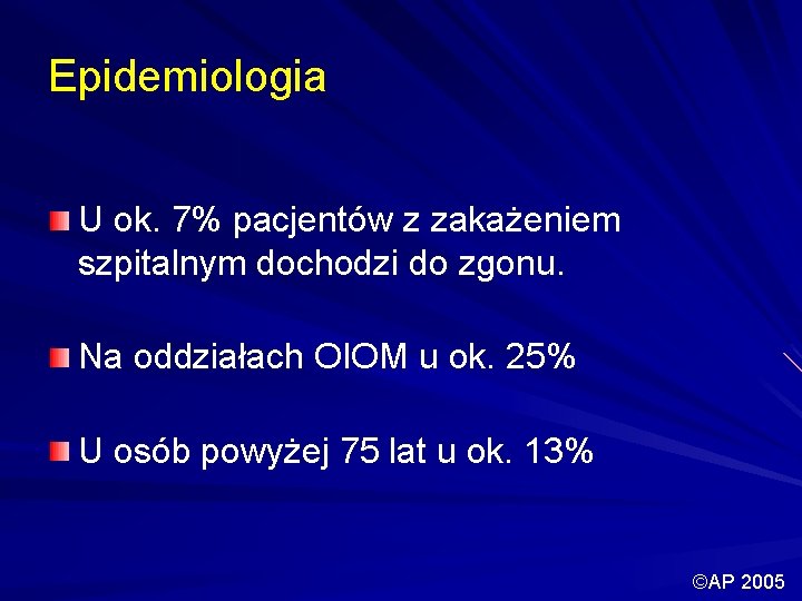 Epidemiologia U ok. 7% pacjentów z zakażeniem szpitalnym dochodzi do zgonu. Na oddziałach OIOM