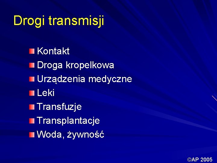 Drogi transmisji Kontakt Droga kropelkowa Urządzenia medyczne Leki Transfuzje Transplantacje Woda, żywność ©AP 2005