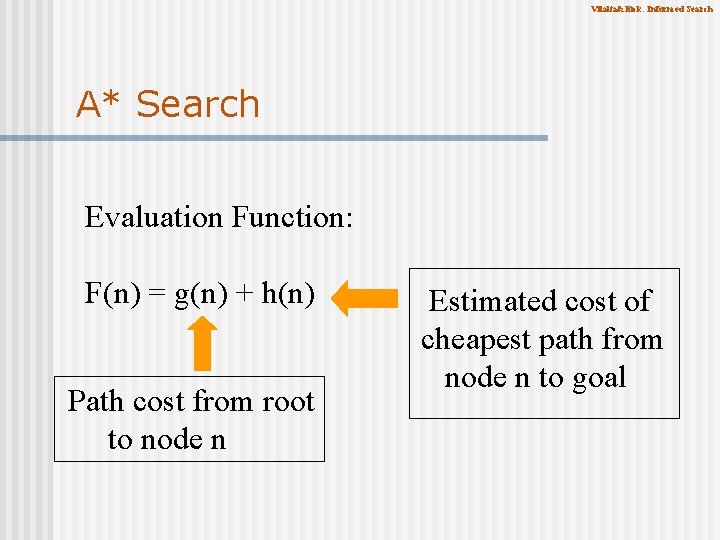 Vilalta&Eick: Informed Search A* Search Evaluation Function: F(n) = g(n) + h(n) Path cost