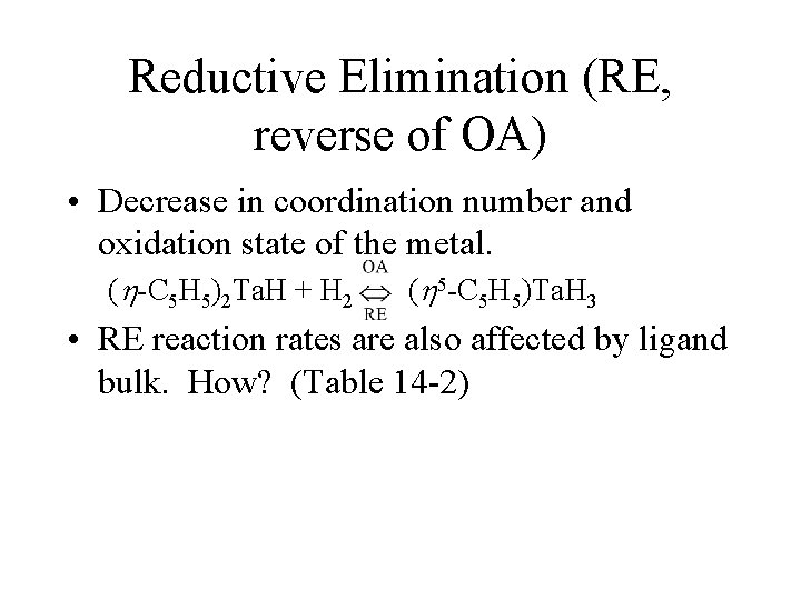 Reductive Elimination (RE, reverse of OA) • Decrease in coordination number and oxidation state