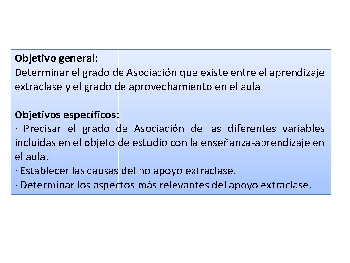 Objetivo general: Determinar el grado de Asociación que existe entre el aprendizaje extraclase y