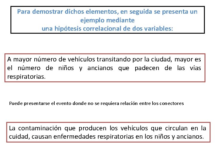 Para demostrar dichos elementos, en seguida se presenta un ejemplo mediante una hipótesis correlacional