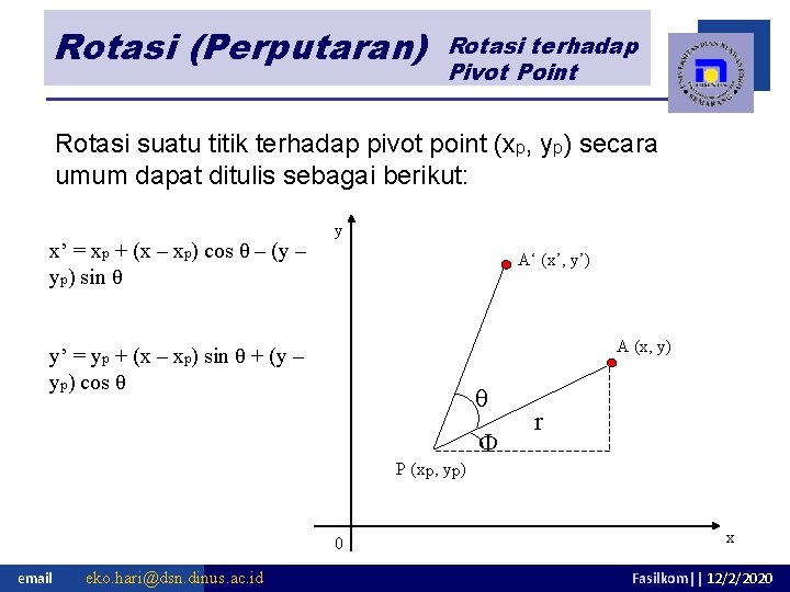 Rotasi (Perputaran) Rotasi terhadap Pivot Point Rotasi suatu titik terhadap pivot point (xp, yp)