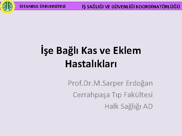 İSTANBUL ÜNİVERSİTESİ İŞ SAĞLIĞI VE GÜVENLİĞİ KOORDİNATÖRLÜĞÜ İşe Bağlı Kas ve Eklem Hastalıkları Prof.