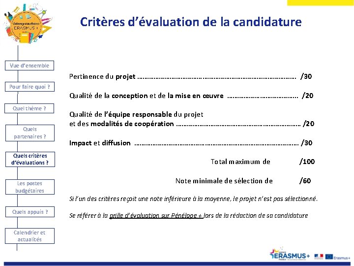 Critères d’évaluation de la candidature Vue d’ensemble Pertinence du projet ………………………………………. /30 Pour faire