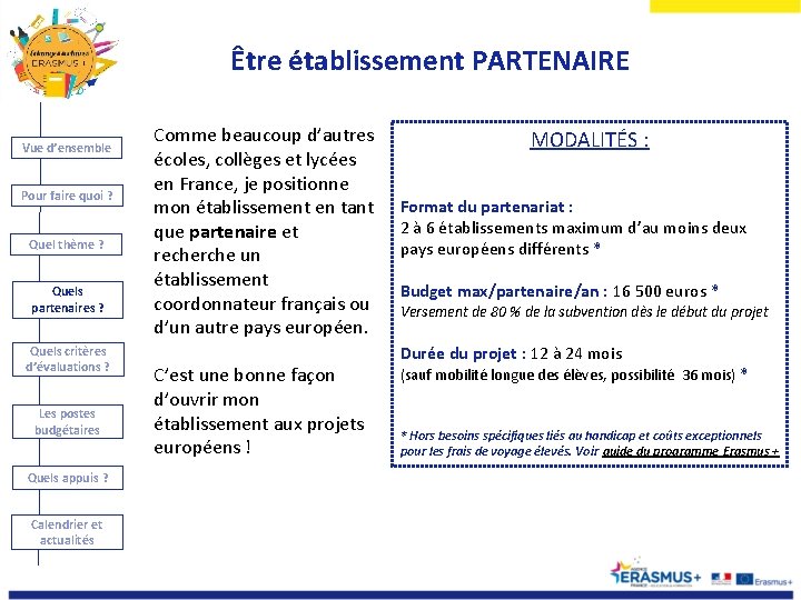 Être établissement PARTENAIRE Vue d’ensemble Pour faire quoi ? Quel thème ? Quels partenaires