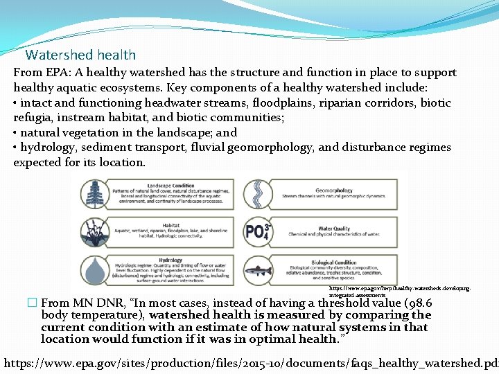Watershed health From EPA: A healthy watershed has the structure and function in place Watershed health From EPA: A healthy watershed has the structure and function in place