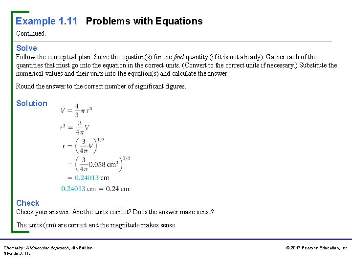 Example 1. 11 Problems with Equations Continued. Solve Follow the conceptual plan. Solve the Example 1. 11 Problems with Equations Continued. Solve Follow the conceptual plan. Solve the