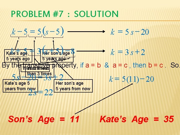 PROBLEM #7 : SOLUTION k - 5 = 5 (s - 5) k =