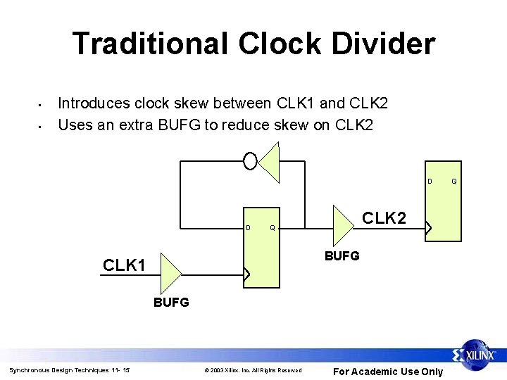 Traditional Clock Divider • • Introduces clock skew between CLK 1 and CLK 2