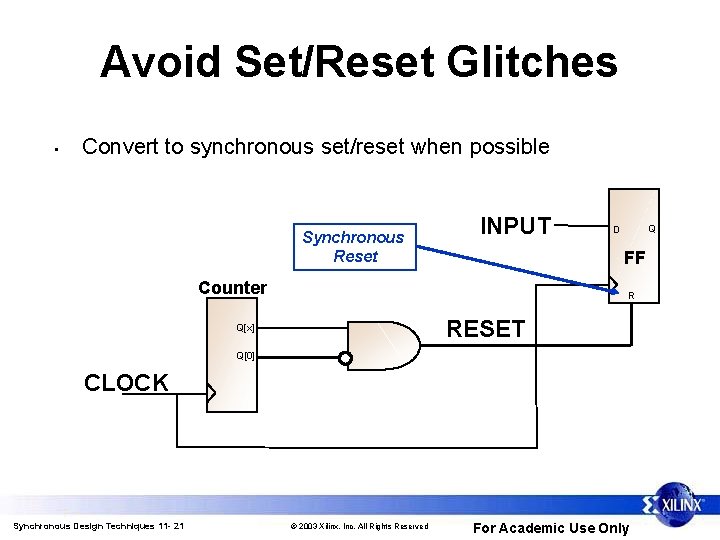 Avoid Set/Reset Glitches • Convert to synchronous set/reset when possible Synchronous Reset INPUT Q