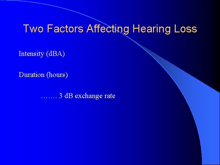 Two Factors Affecting Hearing Loss Intensity (d. BA) Duration (hours) ……. 3 d. B
