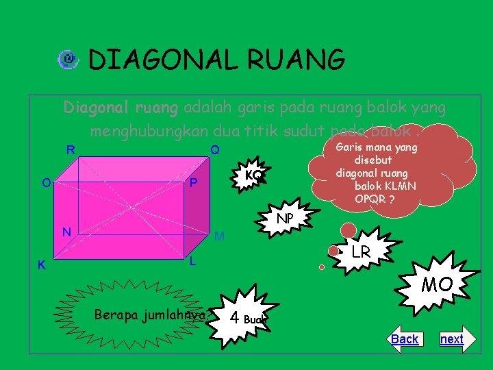 DIAGONAL RUANG Diagonal ruang adalah garis pada ruang balok yang menghubungkan dua titik sudut