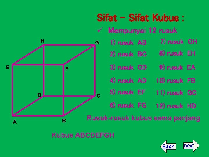 Sifat – Sifat Kubus : ü Mempunyai 12 rusuk H E G F D