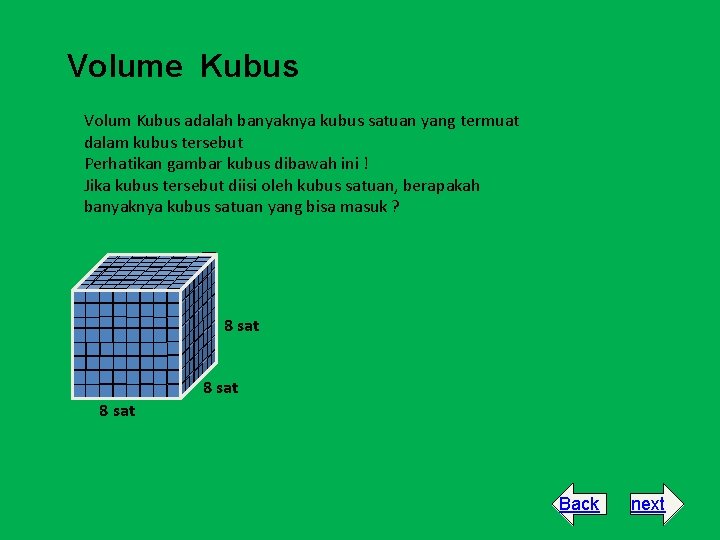 Volume Kubus Volum Kubus adalah banyaknya kubus satuan yang termuat dalam kubus tersebut Perhatikan