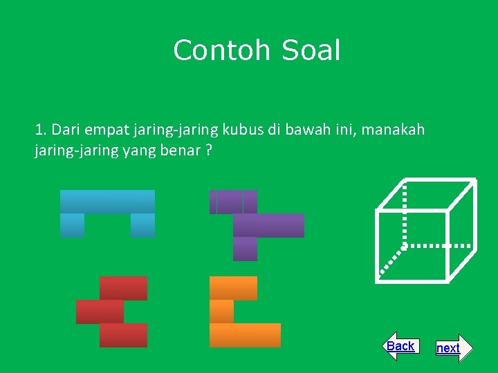 Contoh Soal 1. Dari empat jaring-jaring kubus di bawah ini, manakah jaring-jaring yang benar