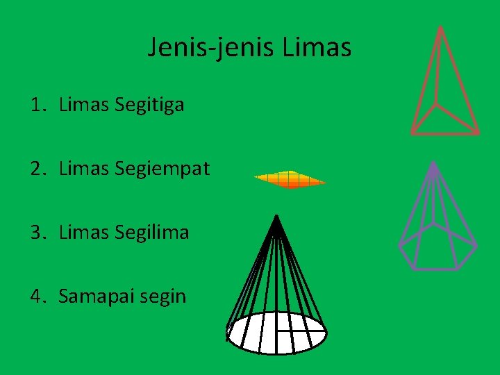 Jenis-jenis Limas 1. Limas Segitiga 2. Limas Segiempat 3. Limas Segilima 4. Samapai segin