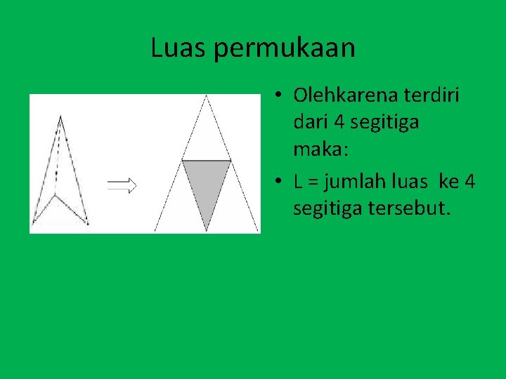 Luas permukaan • Olehkarena terdiri dari 4 segitiga maka: • L = jumlah luas