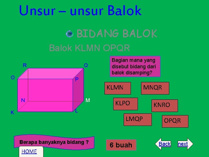 Unsur – unsur Balok BIDANG BALOK Balok KLMN OPQR R O Q Bagian mana