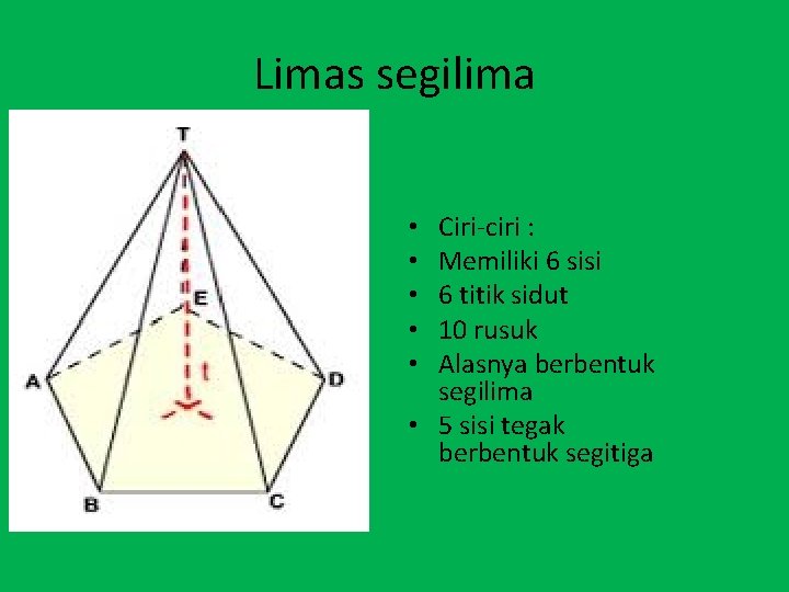 Limas segilima Ciri-ciri : Memiliki 6 sisi 6 titik sidut 10 rusuk Alasnya berbentuk