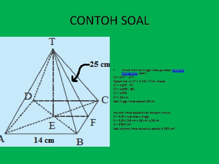 CONTOH SOAL Untuk mencari tinggi limas gunakan teorema Pythagoras, yakni: ET= √(FT 2 -