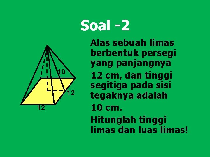 Soal -2 10 12 12 Alas sebuah limas berbentuk persegi yang panjangnya 12 cm,