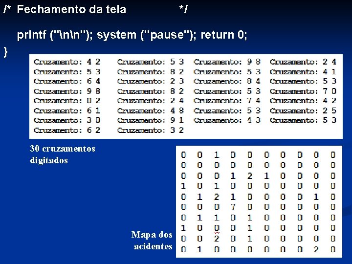 /* Fechamento da tela */ printf ("nn"); system ("pause"); return 0; } 30 cruzamentos