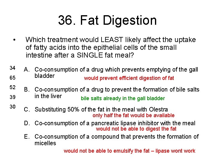 36. Fat Digestion • 34 65 52 39 30 Which treatment would LEAST likely