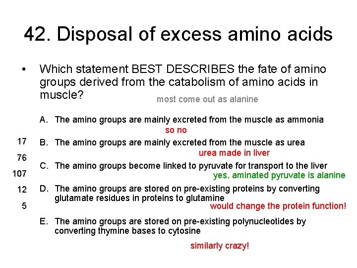 42. Disposal of excess amino acids • 17 76 107 12 5 Which statement