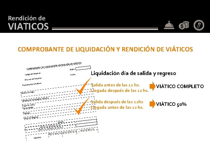 Rendición de VIATICOS COMPROBANTE DE LIQUIDACIÓN Y RENDICIÓN DE VIÁTICOS Liquidación día de salida