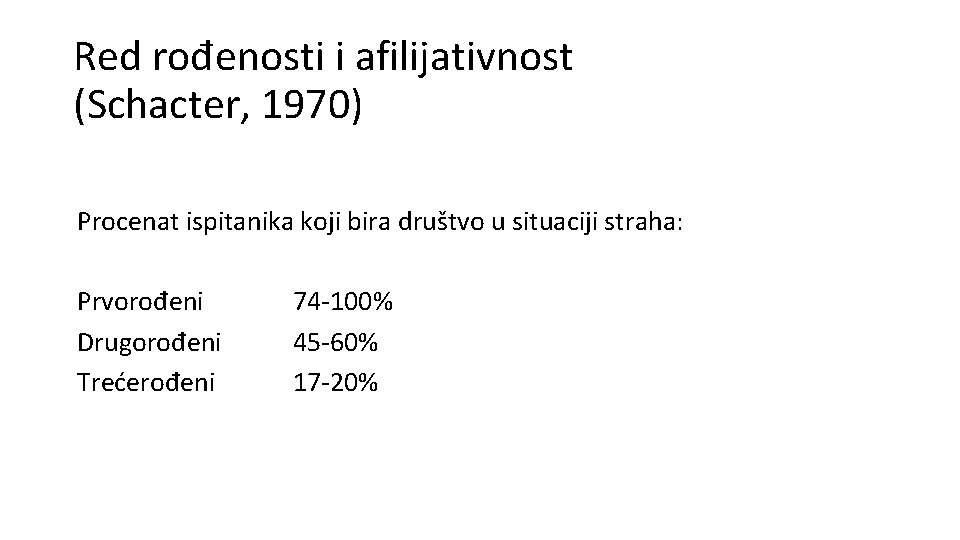 Red rođenosti i afilijativnost (Schacter, 1970) Procenat ispitanika koji bira društvo u situaciji straha: Red rođenosti i afilijativnost (Schacter, 1970) Procenat ispitanika koji bira društvo u situaciji straha: