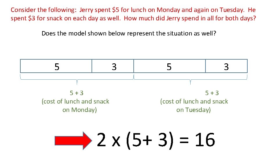 Consider the following: Jerry spent $5 for lunch on Monday and again on Tuesday.