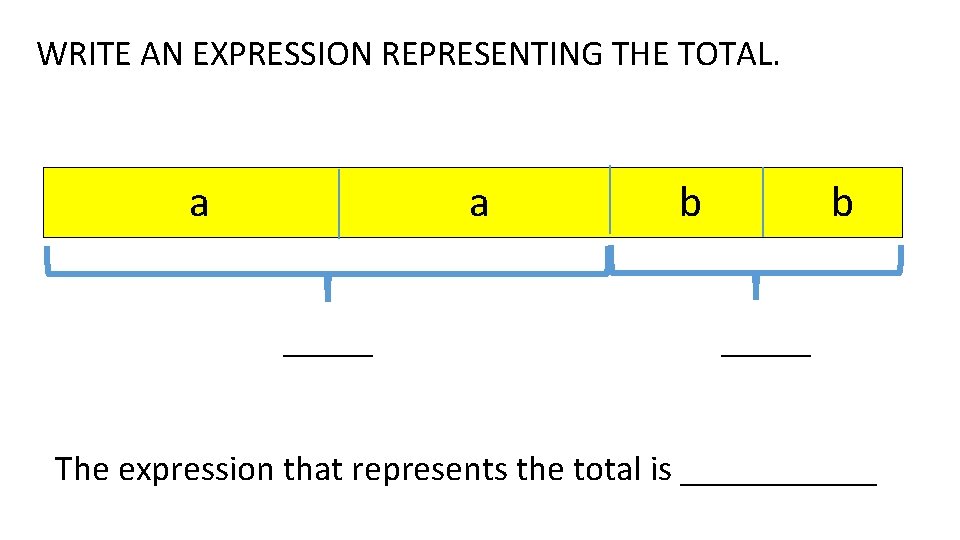 WRITE AN EXPRESSION REPRESENTING THE TOTAL. a a _____ b b _____ The expression