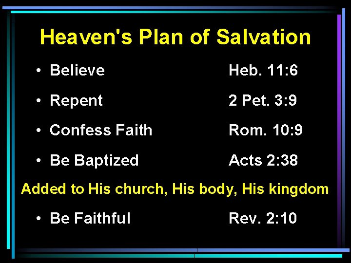 Heaven's Plan of Salvation • Believe Heb. 11: 6 • Repent 2 Pet. 3: