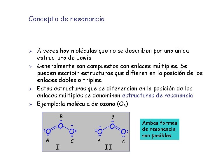 Concepto de resonancia Ø Ø A veces hay moléculas que no se describen por