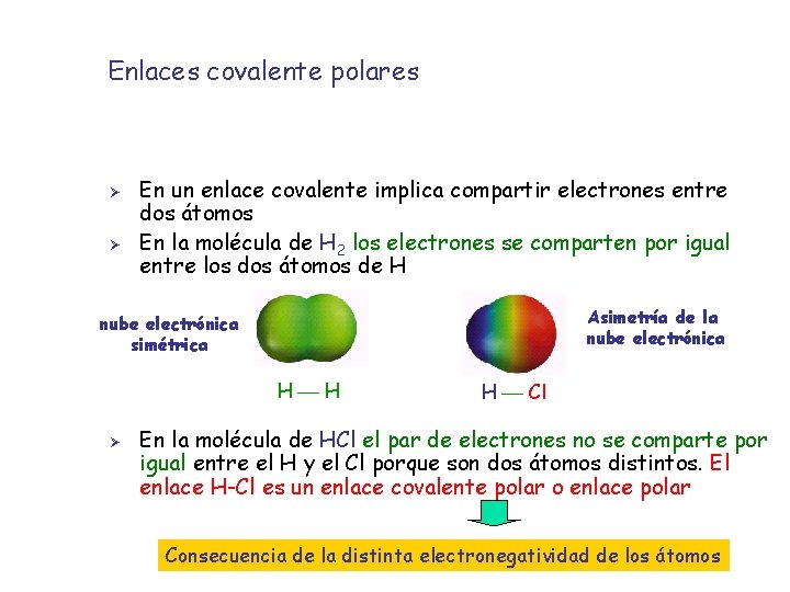Enlaces covalente polares Ø Ø En un enlace covalente implica compartir electrones entre dos
