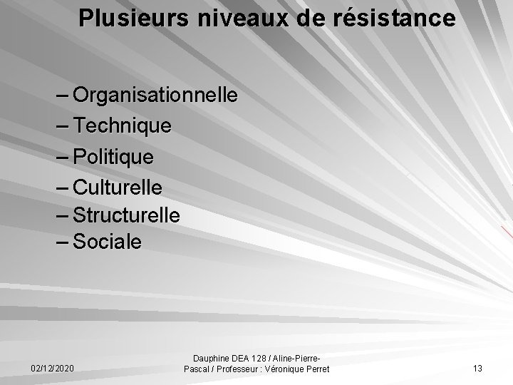 Plusieurs niveaux de résistance – Organisationnelle – Technique – Politique – Culturelle – Structurelle