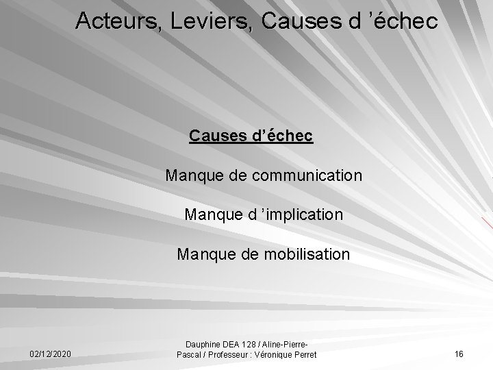 Acteurs, Leviers, Causes d ’échec Causes d’échec Manque de communication Manque d ’implication Manque