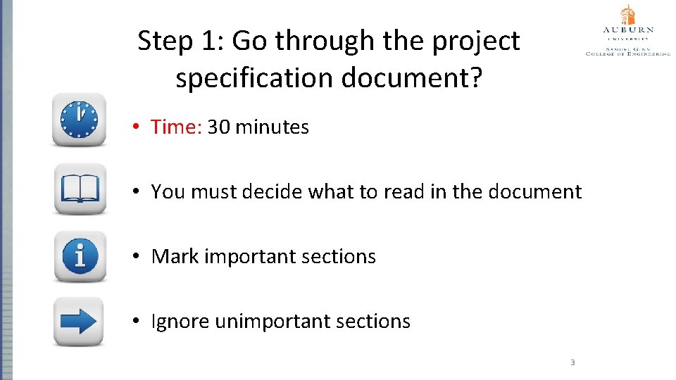 Step 1: Go through the project specification document? • Time: 30 minutes • You