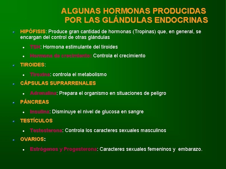 ALGUNAS HORMONAS PRODUCIDAS POR LAS GLÁNDULAS ENDOCRINAS HIPÓFISIS: HIPÓFISIS Produce gran cantidad de hormonas