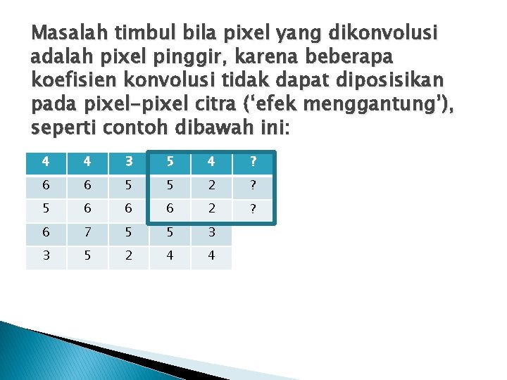 Masalah timbul bila pixel yang dikonvolusi adalah pixel pinggir, karena beberapa koefisien konvolusi tidak